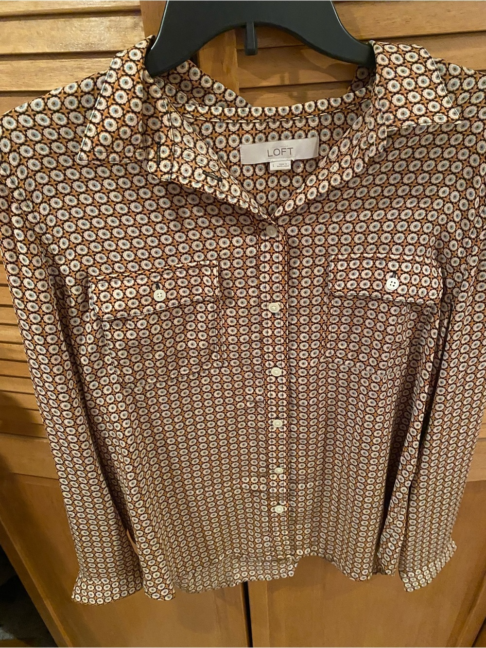 LOFT Ladies Brown and Cream Geo-Print Button-Down Shirt